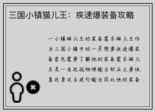 三国小镇猫儿王：疾速爆装备攻略
